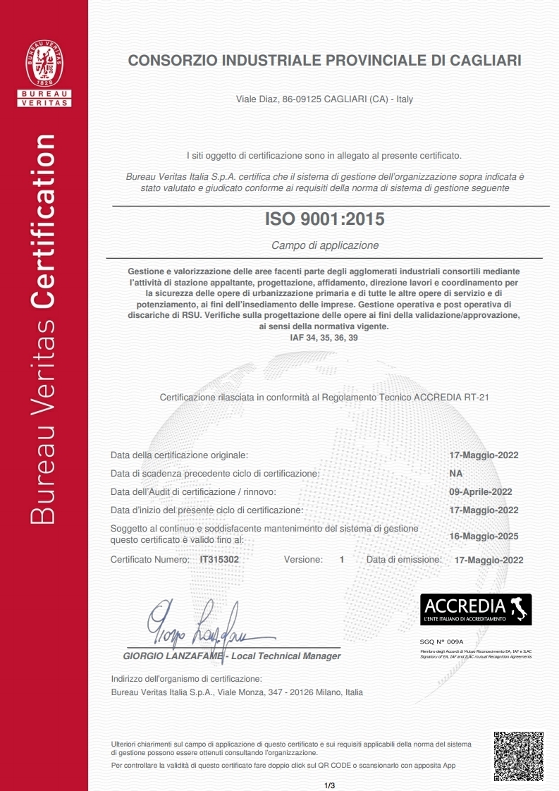 Certificate IT315302 - CONSORZIO INDUSTRIALE PROV. DI CAGLIARI - ISO 9001